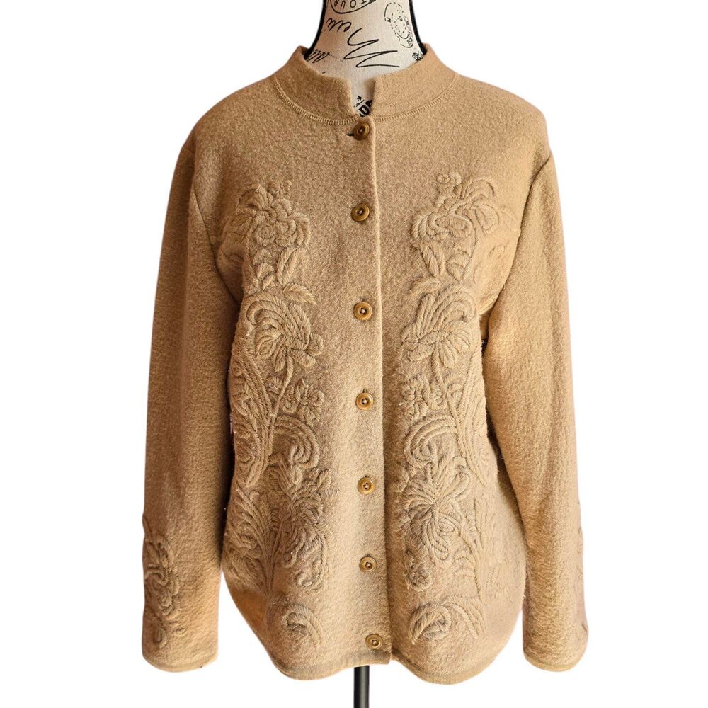 Vintage Talbots 100% wool camel embroidered button-up cardigan sweater Grandma L